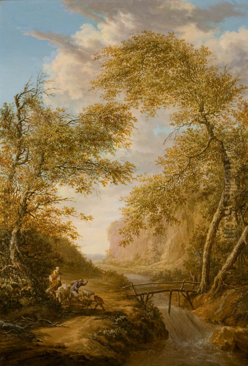 Bergachtig boslandschap met brug en waterval Oil Painting by Vincent Jansz van der Vinne
