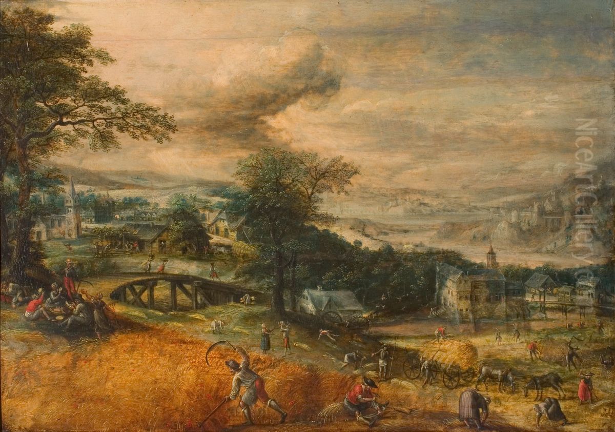 Landschap met oogstende boeren Oil Painting by Marten van Valckenborch
