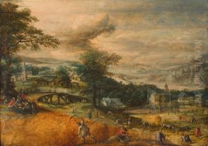 Landschap met oogstende boeren