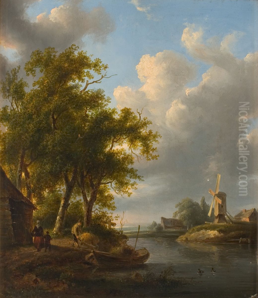 Landscape with windwmill and farm Oil Painting by Jan Hulswit