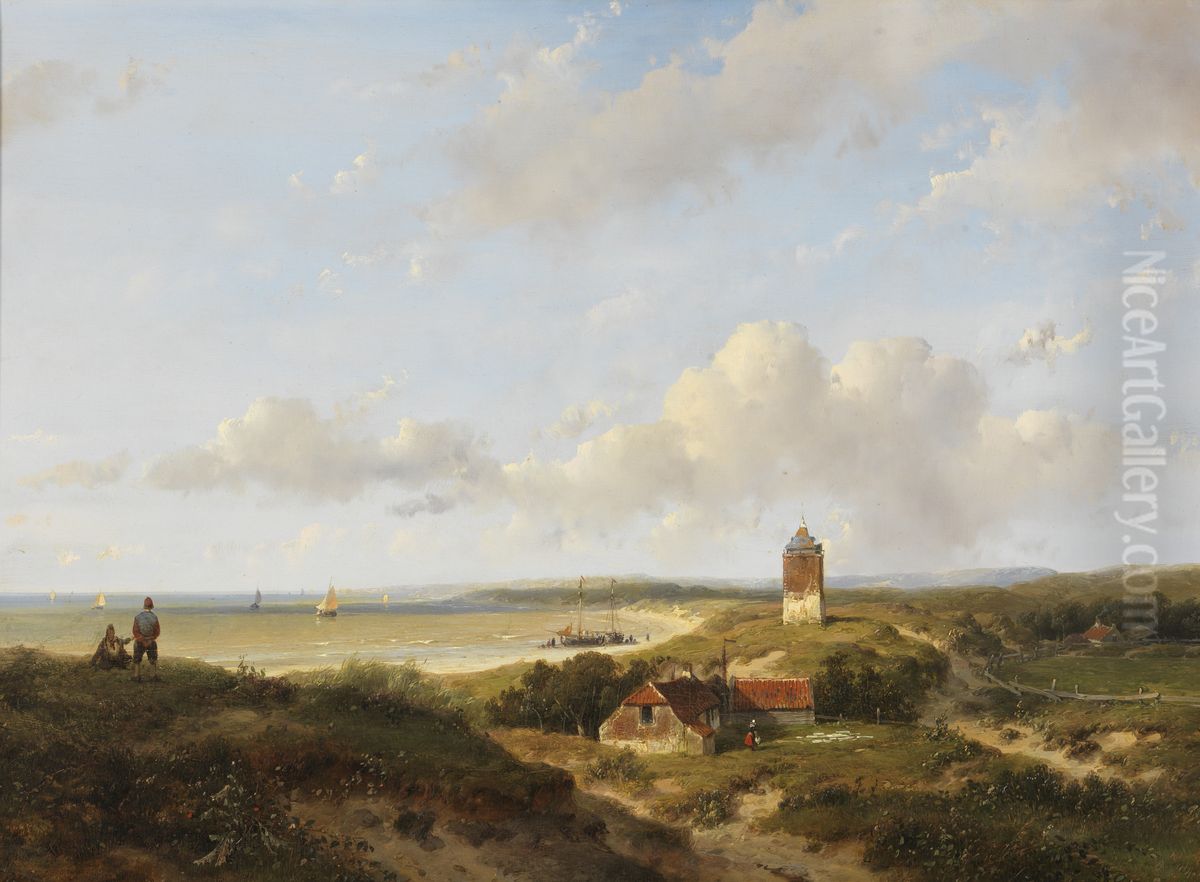 Een vuurtoren en visserswoningen in de duinen, in de verte de zee Oil Painting by Andreas Schelfhout
