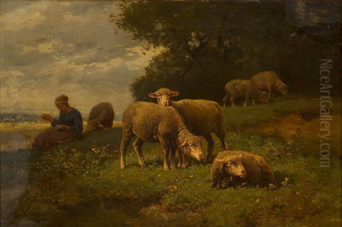 Landschap met schapen en herderin Oil Painting by Charles Jacque