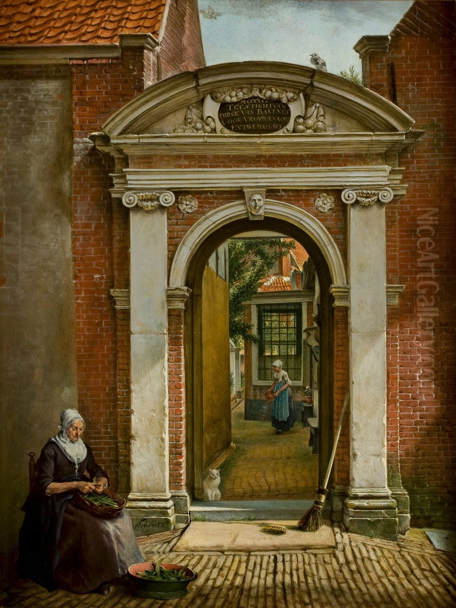 De hoofdingang van het Hofje van Bakenes in Haarlem Oil Painting by Wybrand Hendricks