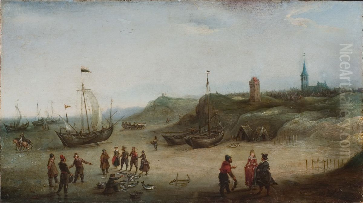 Gezicht op het strand bij Zandvoort Oil Painting by Hendrick Cornelisz Vroom