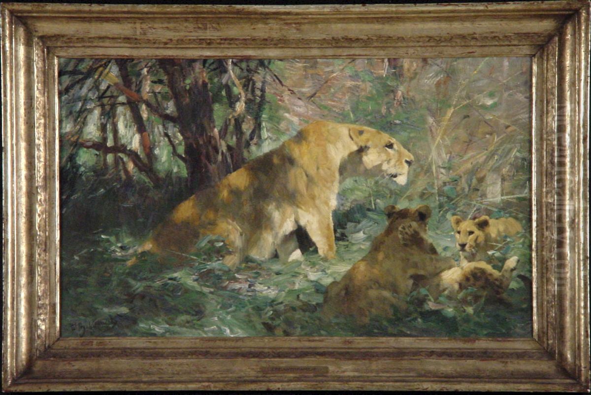Leeuwin met jongen Oil Painting by Wilhelm Kuhnert
