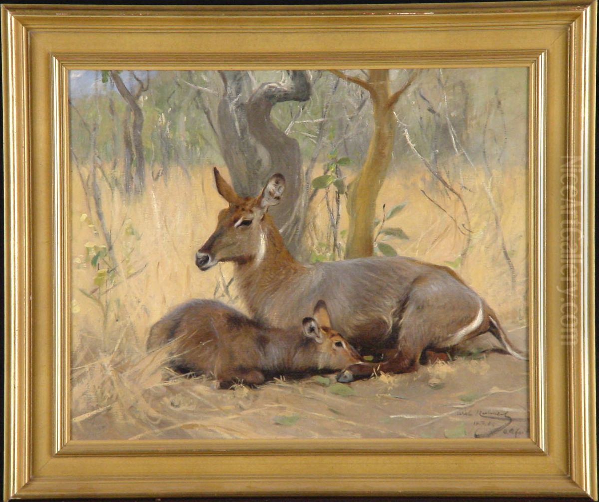Waterbokken - geit met kalf Oil Painting by Wilhelm Kuhnert