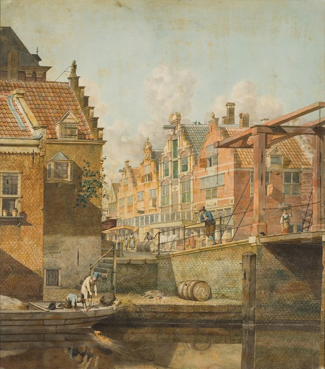 Stadsgezicht met ophaalbrug Oil Painting by Johannes Huibert Prins