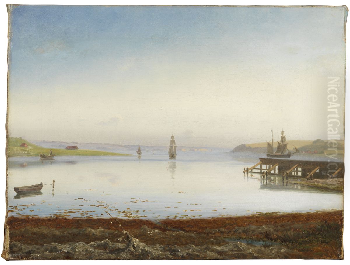 Fjord med segelfartyg Oil Painting by Thorald Laessoe