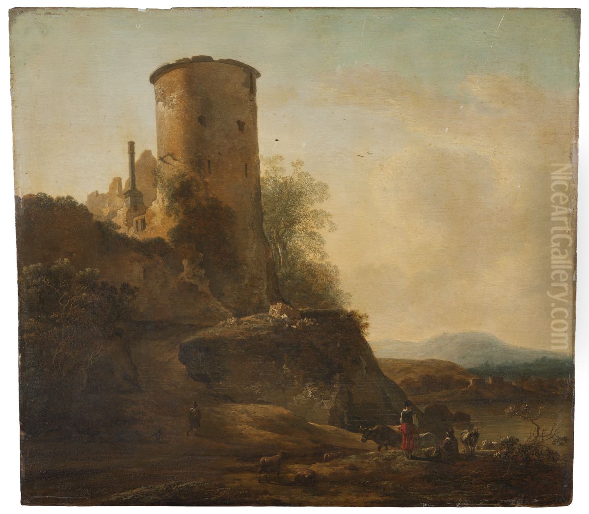 Italienskt berglandskap med borgruin, djur och figurer Oil Painting by Adam Pynacker