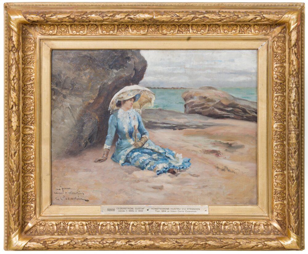 The Artist's Wife on the Beach at Noirmoutier Oil Painting by Gustaf Cederstrom