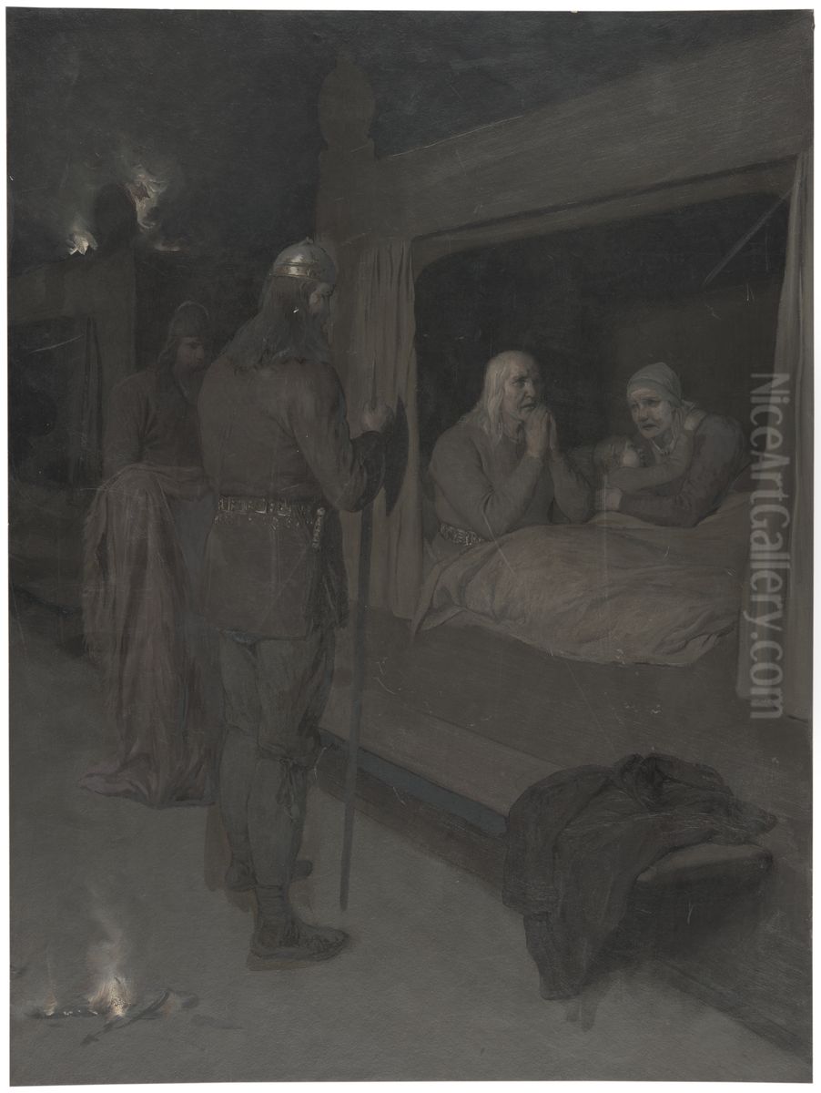 Njal, Bergthora and Thord Karisson Decide to be Burned Alive. Illustration for Njal's Saga, ch. 129 Oil Painting by August Malmstrom