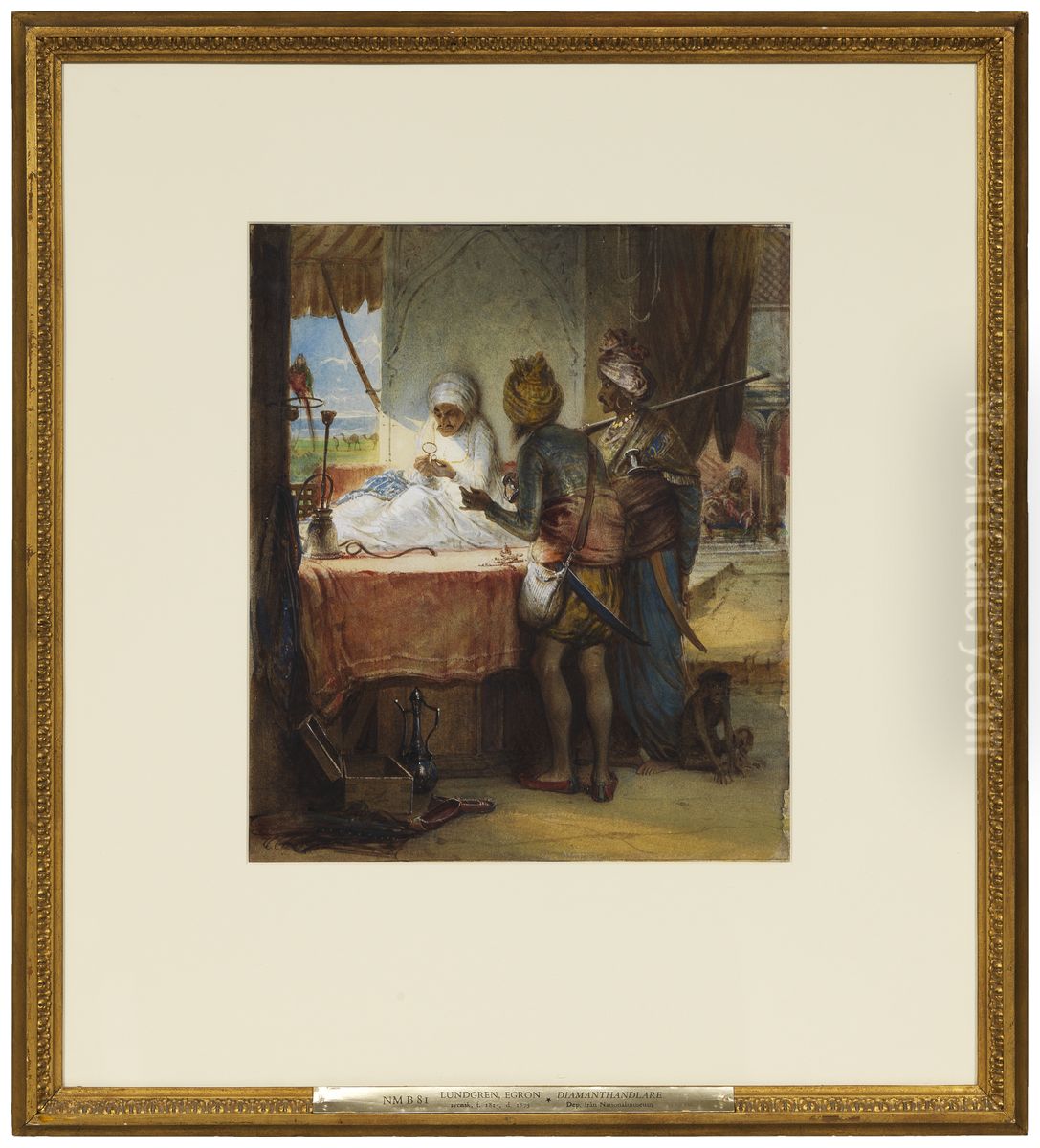 Sikh-soldater kopslar med en juvelerare om en diamant Oil Painting by Egron Lundgren