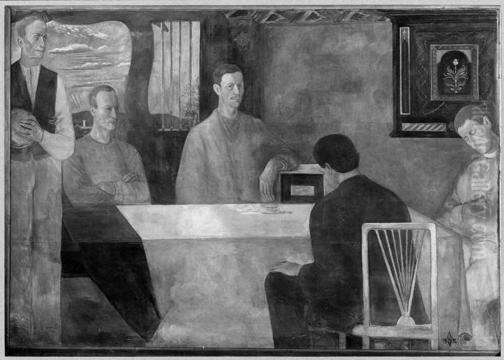 Hembygdsforeningen i Karsjo, 5 personer Oil Painting by Bertil Damm