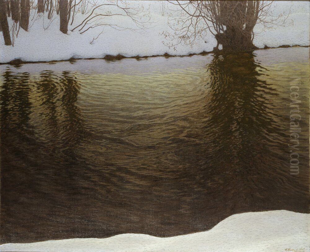 Winter Evening by a River Oil Painting by Gustaf Fjaestad