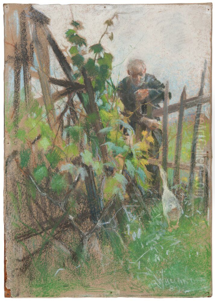 Man feeding a Goose Oil Painting by Alf, Alfred Wallander