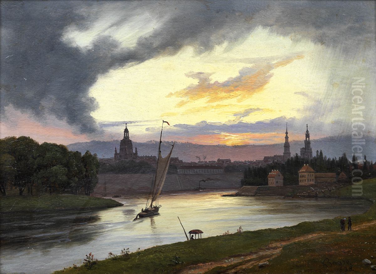 Dresden i solnedgang Oil Painting by Knud Baade