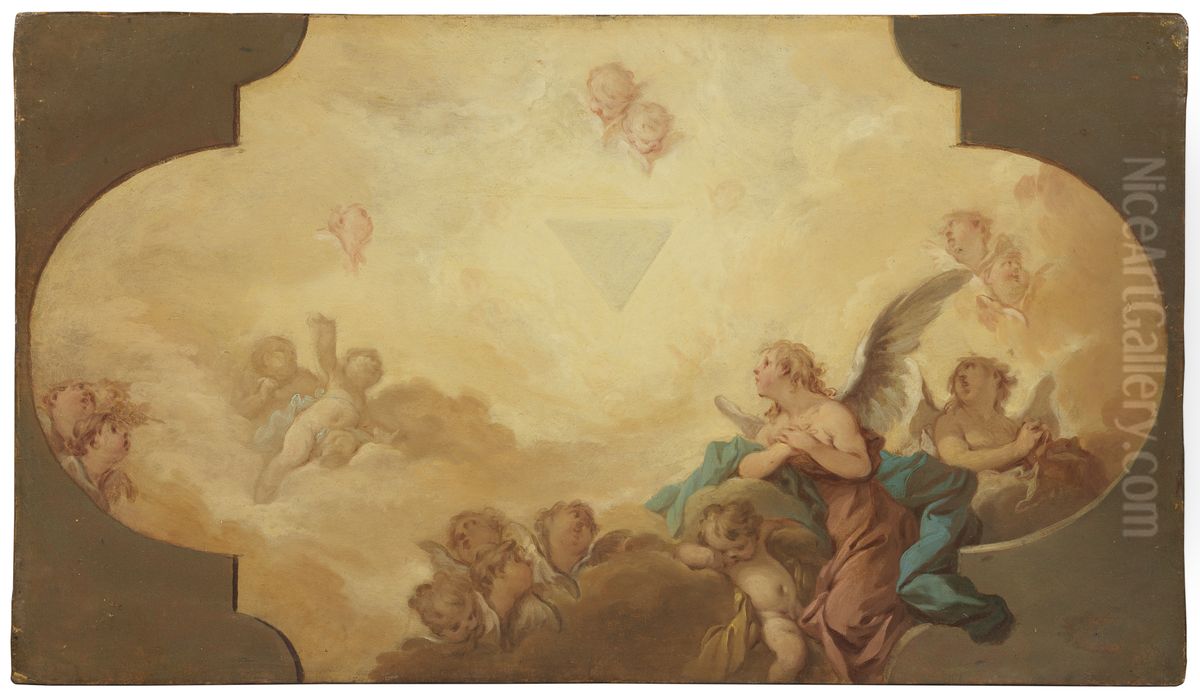 Anglar betraktande Gudsogat. Skiss Oil Painting by Guillaume Taraval
