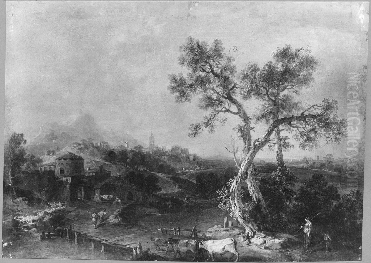 Landscape with Wooden Bridge and Cattle Oil Painting by Francesco Zuccarelli