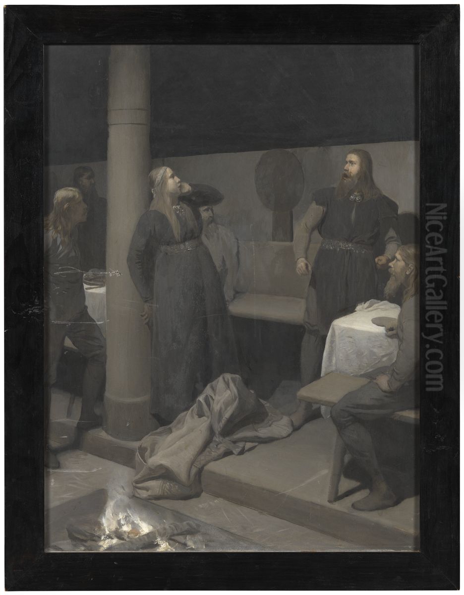 Hallgerds orfil. Illustration till Njals saga, kap. 48 Oil Painting by August Malmstrom