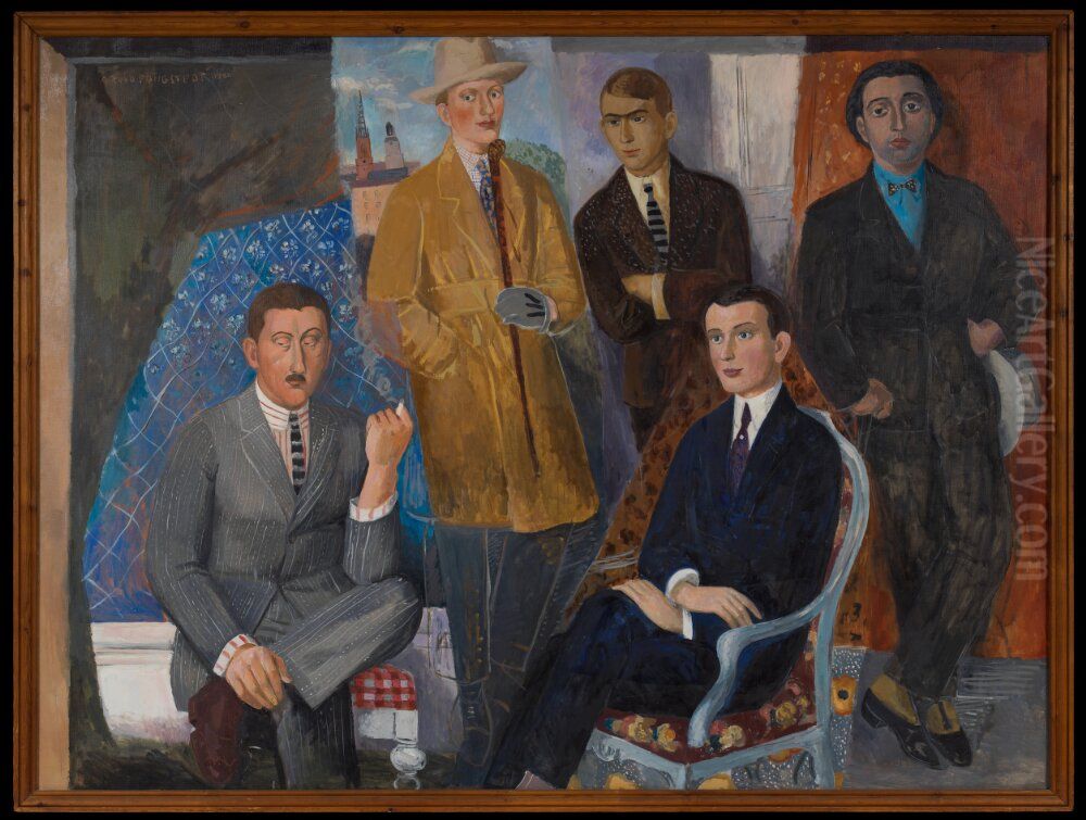Fem konstnarer: Leander Engstrom, Einar Jolin, Otte Skold, Nils von Dardel, Isaac Grunewald Oil Painting by Arvid Fougstedt