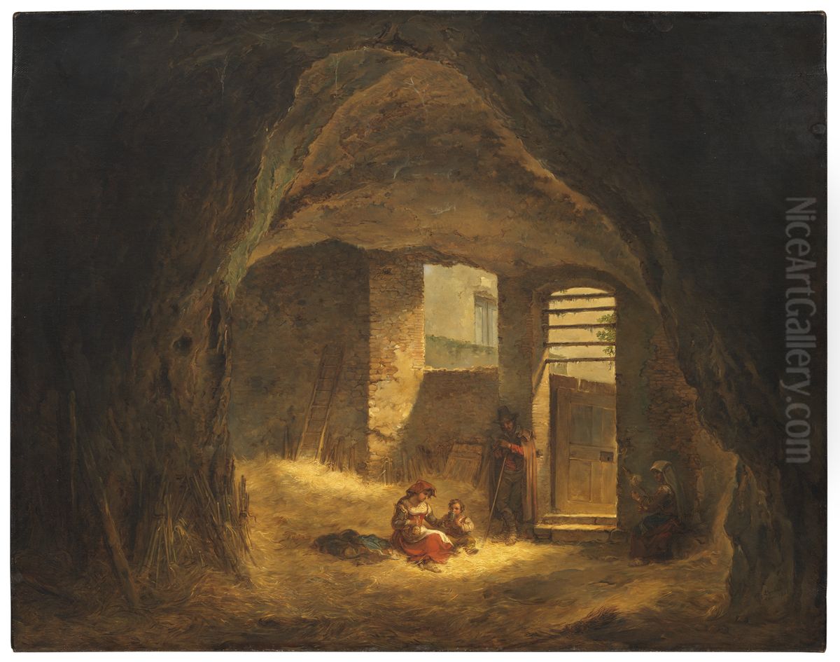 Italian Peasants in a Grotto (Antique Grotto in the Tarpeian Rock) Oil Painting by Aleksander Laureus