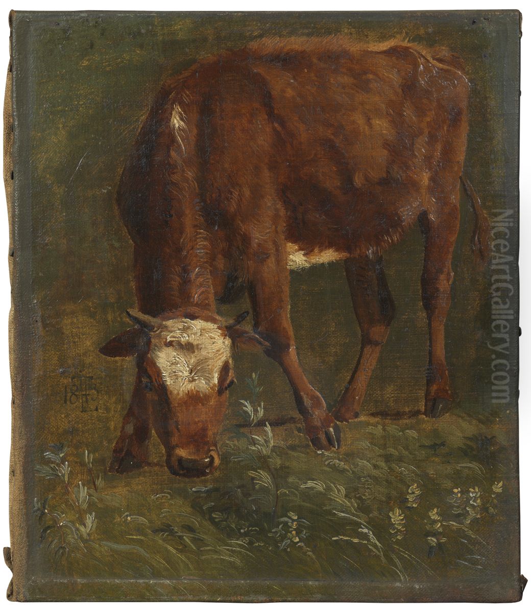 Grazing red heifer. Study Oil Painting by Johan Lundbye