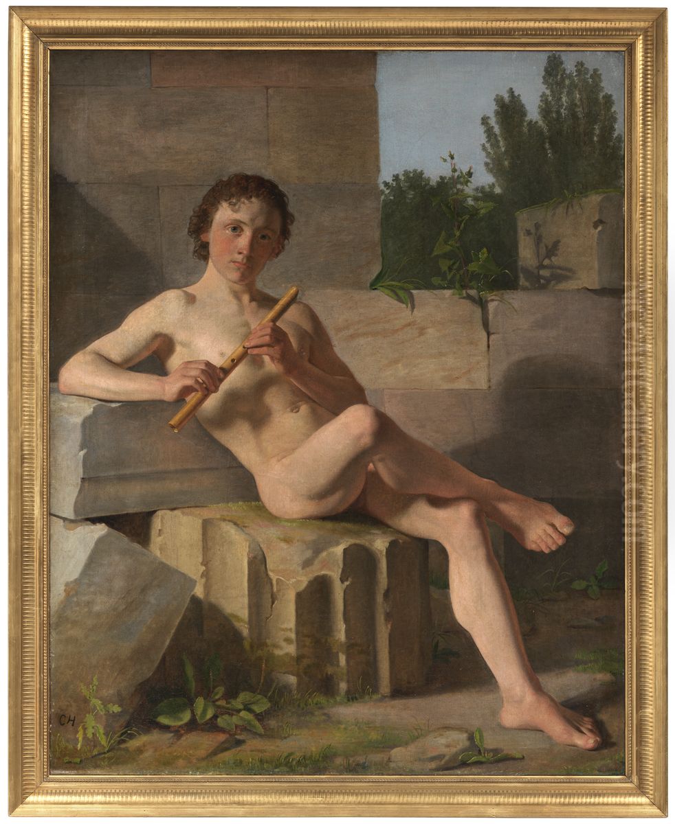 A Male Model Playing Flute Oil Painting by Constantin Hansen