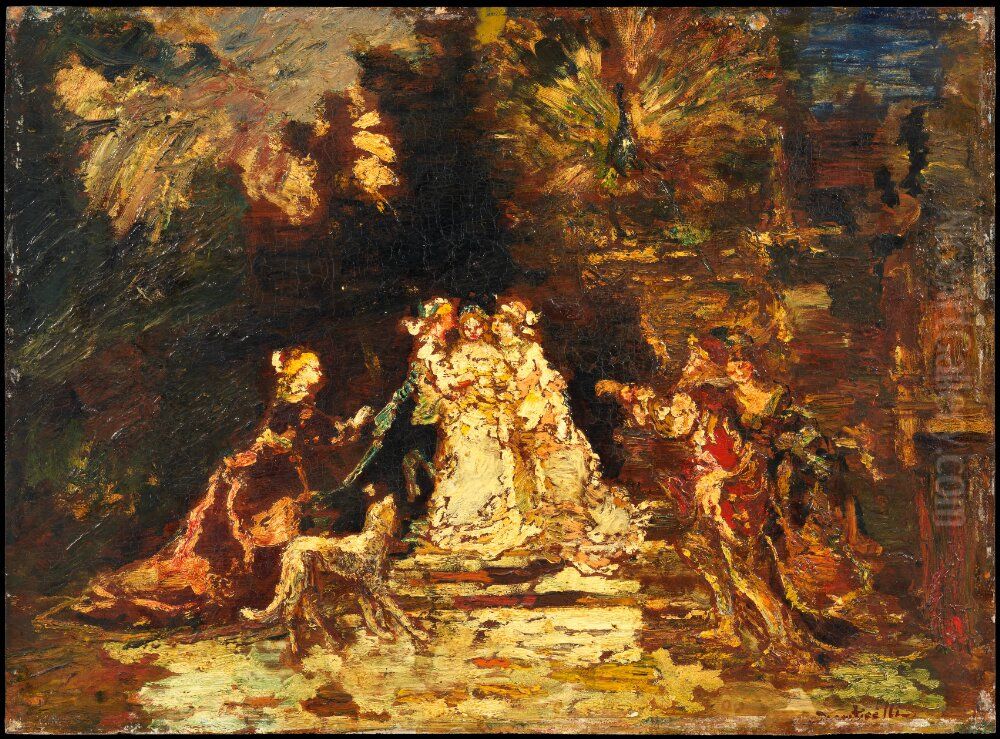 Figure Scene with a Peacock Oil Painting by Adolphe Joseph Thomas Monticelli