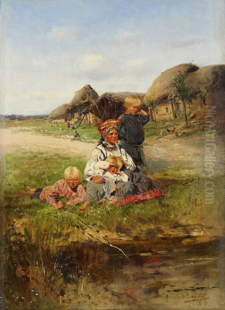 Maid with children Oil Painting by Vladimir Makovsky