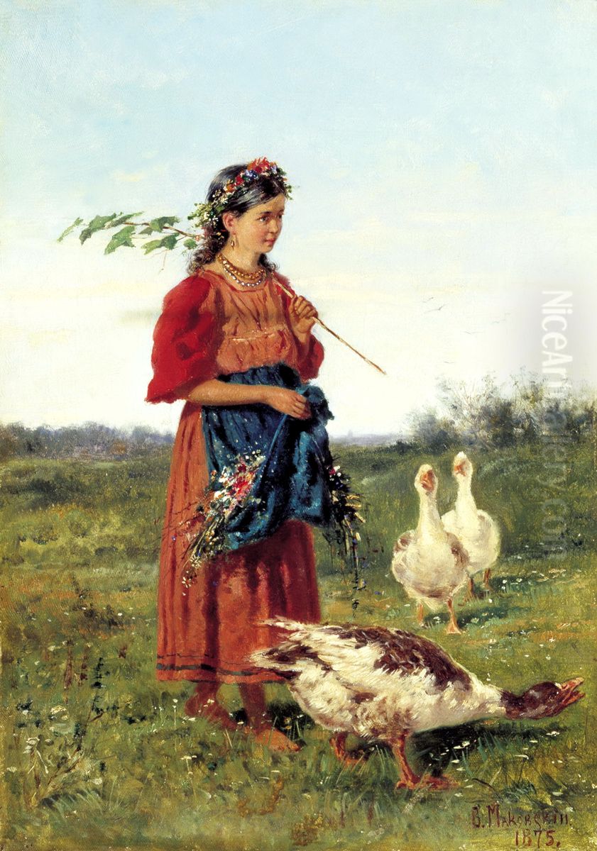 Girl with goose in the field Oil Painting by Vladimir Makovsky