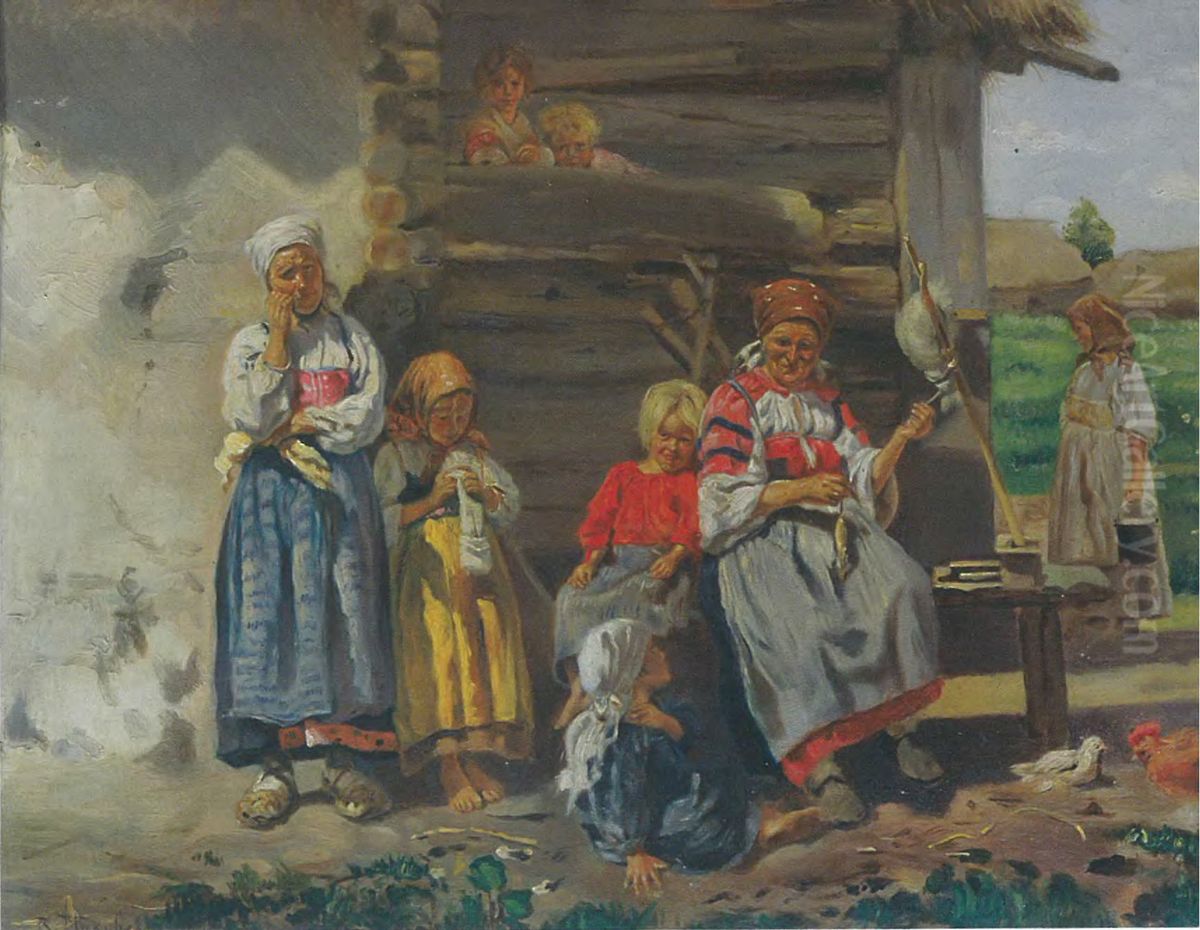 <<V derevne>> Oil Painting by Vladimir Makovsky