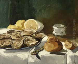 Nature morte, huitres, citron, brioche Nature morte, huitres, citron, brioche