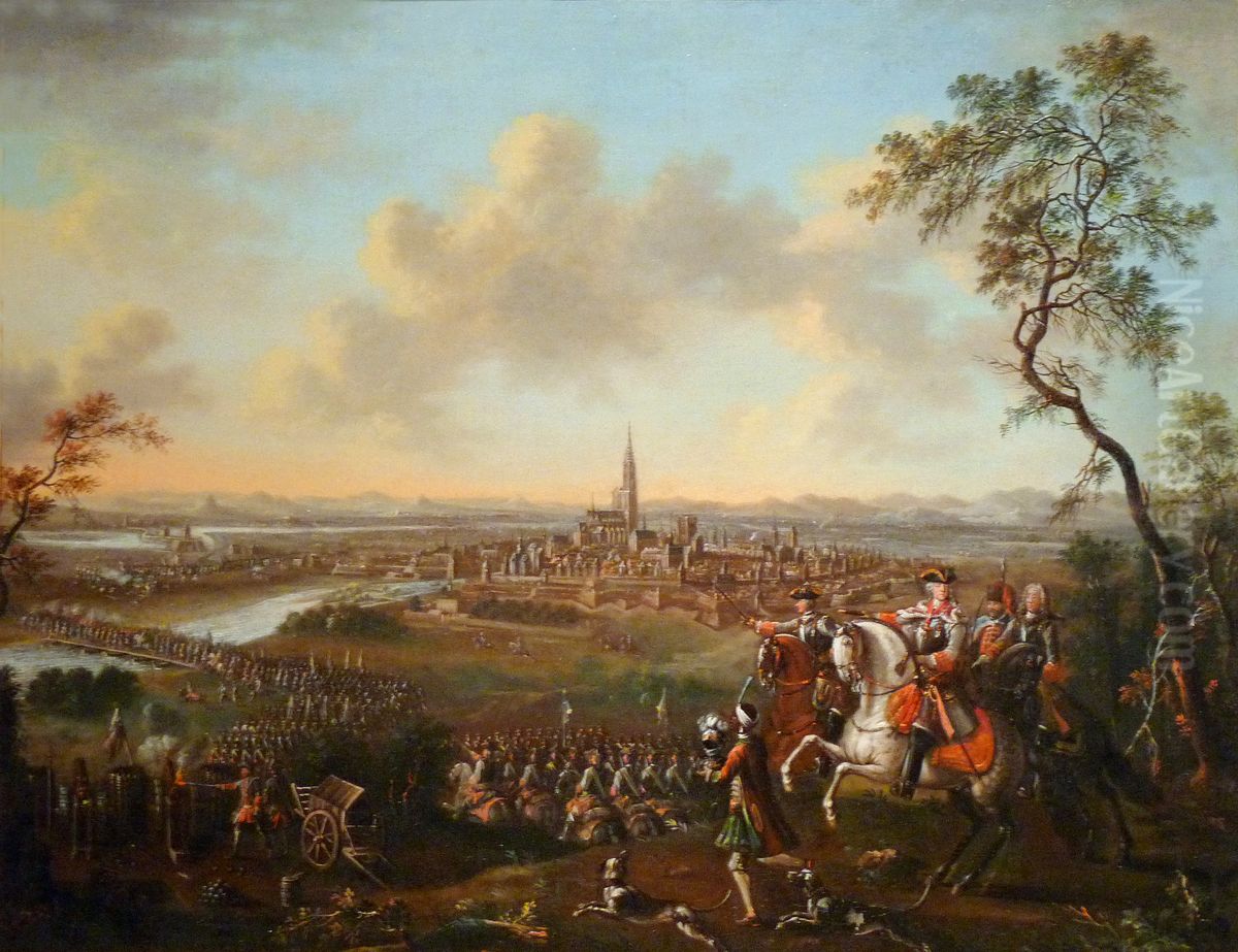 LeDuc de Lorraineet les Imperiaux repassent le Rhin devant Strasbourg Oil Painting by Johann Tobias Sonntag