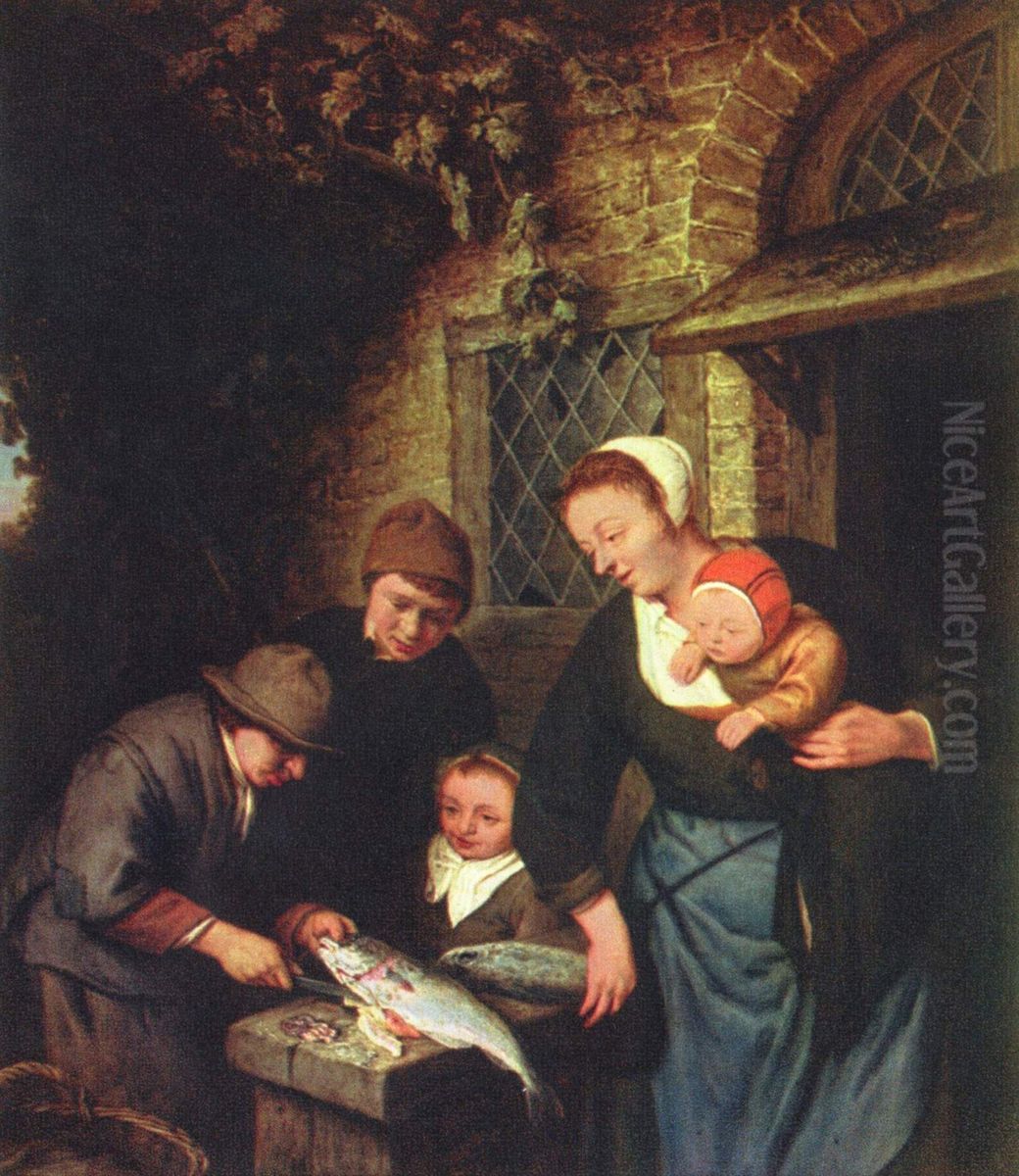 Buying fish. Oil Painting by Adriaen van Ostade