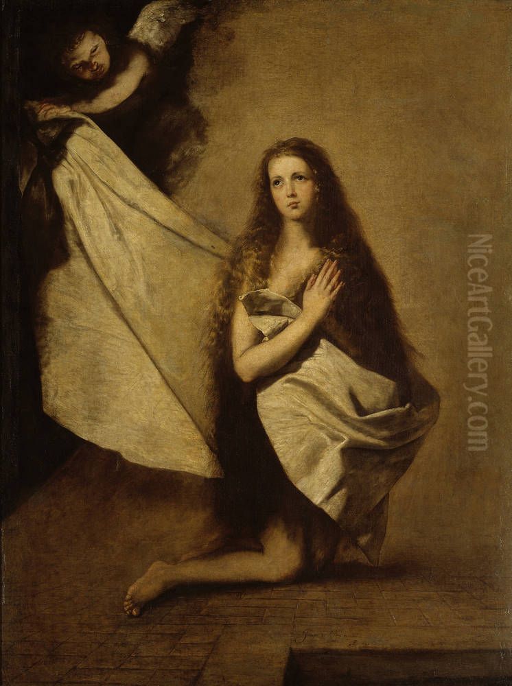 Hl. Agnes im Gefangnis, als sie der Engel mit dem Tuch bekleidet Oil Painting by Jusepe de Ribera