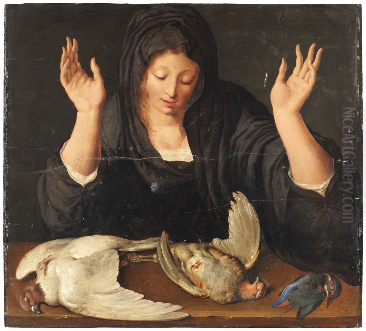 A young woman mourning a dead dove, a partridge, and a kingfisher Oil Painting by Jacob de Gheyn II
