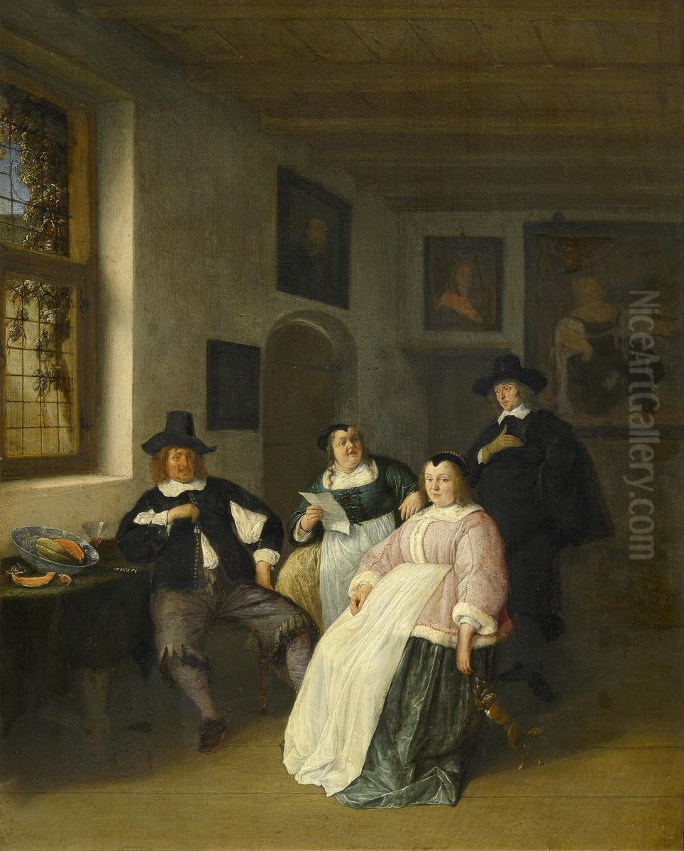 Self Portrait of Adriaen van Ostade (1610-1685) with the De Goyer family Oil Painting by Adriaen van Ostade