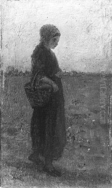 Meisje met mand op het veld Oil Painting by Jozef Israels
