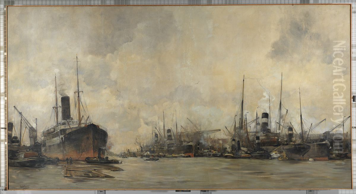 Gezicht op de Ertshaven en de Levantkade naar het westen, met schepen van de Koninklijke Nederlandsche Stoomboot Maatschappij-Havengezicht in Amsterdam Oil Painting by Hobbe Smith