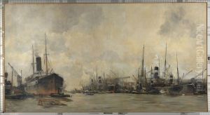 Gezicht op de Ertshaven en de Levantkade naar het westen, met schepen van de Koninklijke Nederlandsche Stoomboot Maatschappij-Havengezicht in Amsterdam