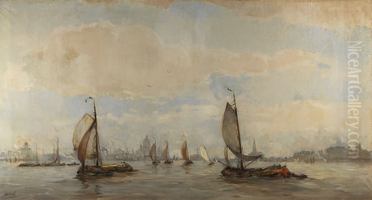 Gezicht op het Buiten-IJ naar het westen, 'Zuiderzeevaart op het Pampus'-Gezicht op Amsterdam van af het IJ Oil Painting by Hobbe Smith