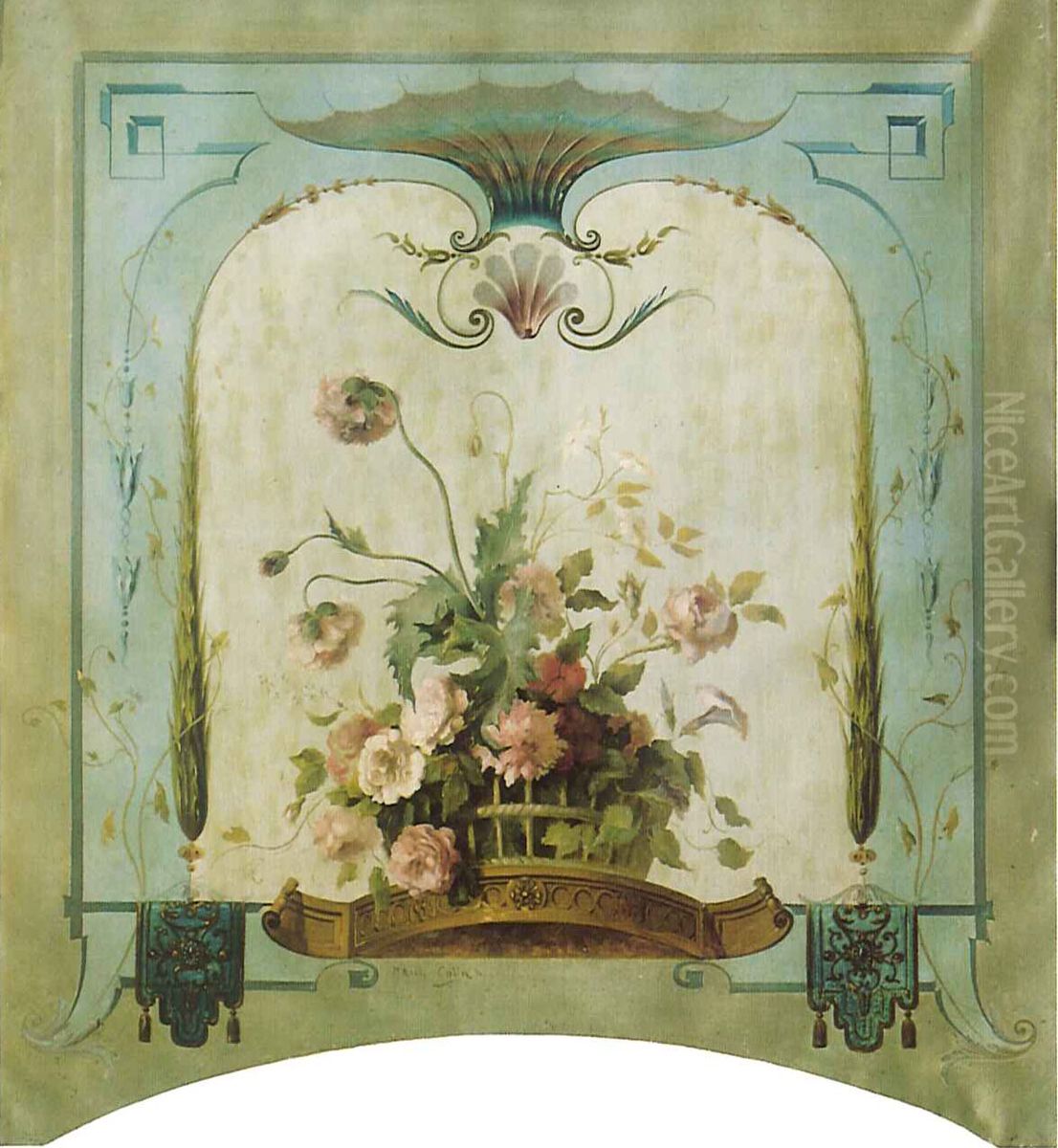 Wanddecoratie met bloemenmand Oil Painting by Paul-Alfred Colin