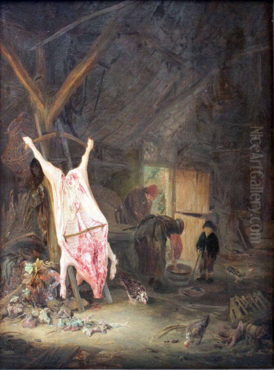 Slaughtered Pig in a Barn Oil Painting by Adriaen van Ostade