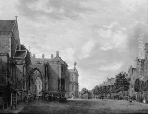 Gezicht op de Nieuwezijds Voorburgwal met de voet van de Nieuwekerkstoren