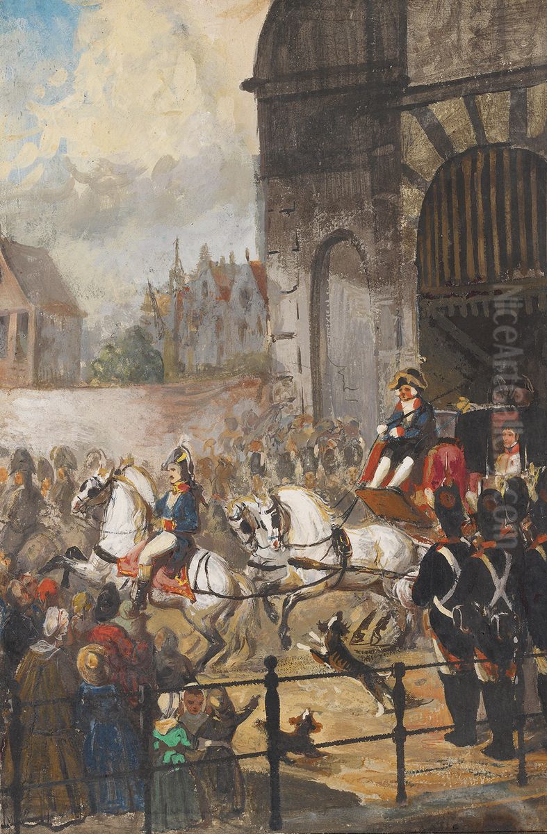 1810, vertrek van Lodewijk Napoleon uit Amsterdam-Kroniek van echtpaar Joh. Samuel Wurfbain (1770-1851) en Anna Maria Geertruida Hurrelbrinck (1772-1850), bij gelegenheid van hun gouden bruiloft Oil Painting by Nicolaas Pieneman