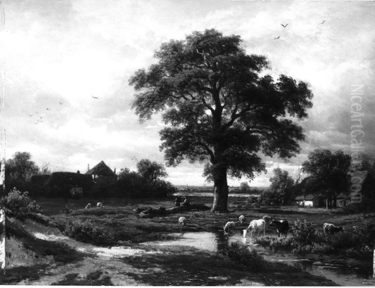 Een landschap, op de voorgrond rundvee bij een plas water Oil Painting by Christiaan Immerzeel