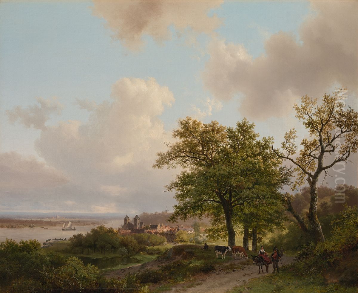 Een stad aan een rivier gezien vanaf een hoogte Oil Painting by Barend Cornelis Koekkoek