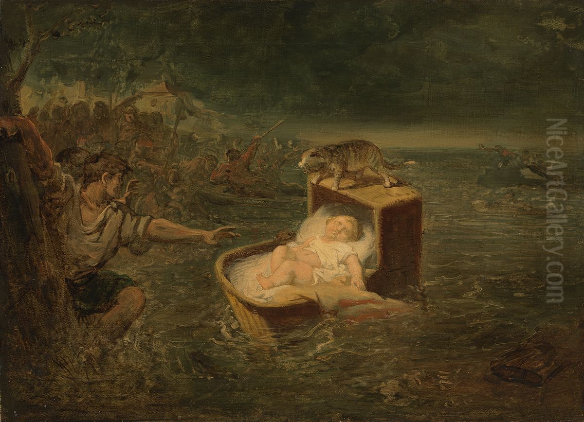 Anno 1421. De wonderbaarlijke redding van een kind tijdens de Sint-Elisabethsvloed Oil Painting by Johannes Hinderikus Egenberger