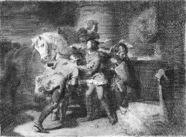Anno 1425. Jacoba van Beieren vlucht in mansgewaad Oil Painting by Johannes Hinderikus Egenberger