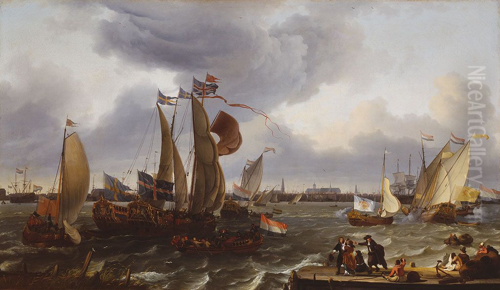 Parade van jachten op het IJ-De inscheping van koning-stadhouder Willem III-Parade of barges on the IJ Oil Painting by Ludolf Bakhuizen